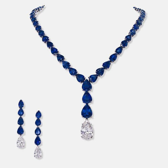 Retro Style Blue Pear Cut Necklace & Earrings Set