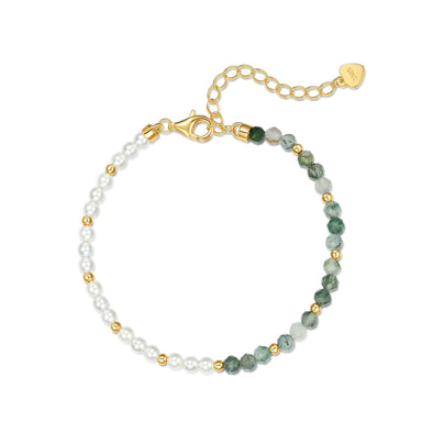 Natural Water Grass Agate with Pearls Sterling Silver Bracelet