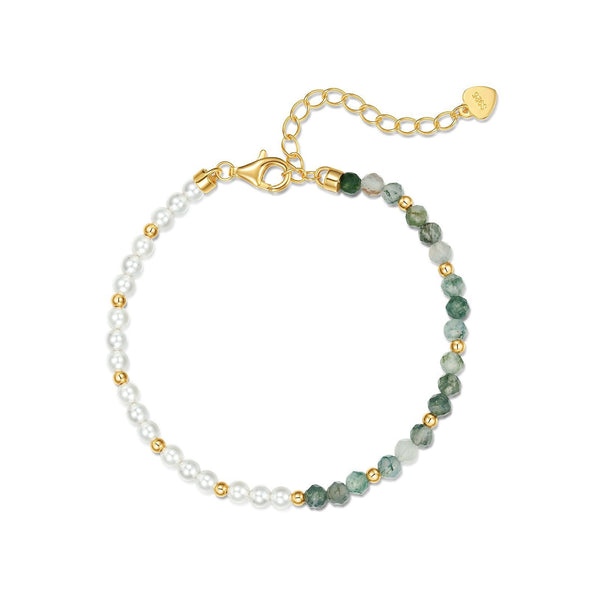 Natural Water Grass Agate with Pearls Sterling Silver Bracelet