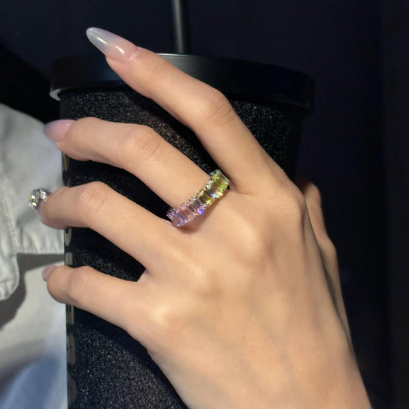 Rainbow Design Emerald Cut Eternity Wedding Band