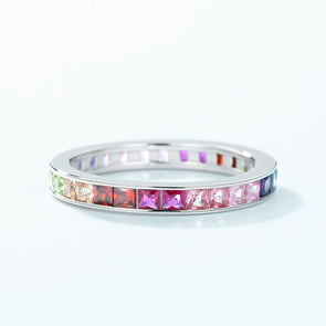 Colorful Rainbow Princess Cut Ring Wedding Band
