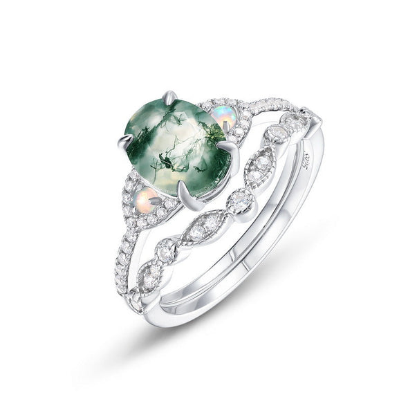 2 Pcs Natural Green Moss Agate Ring Set For Women