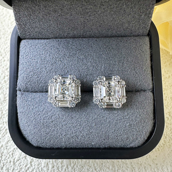 Asscher Cut Moissanite Silver Stud Earrings