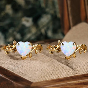Retro Leaves Design Heart Shape Opal Engagement Ring