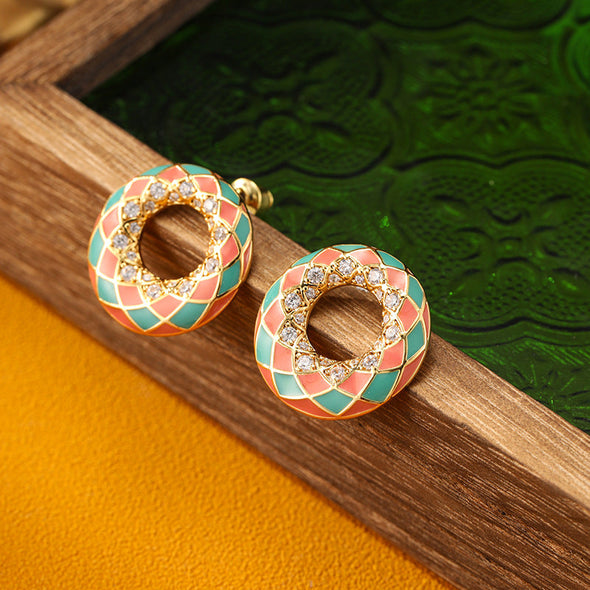 Simple Geometric Round Enamel Silver Earrings