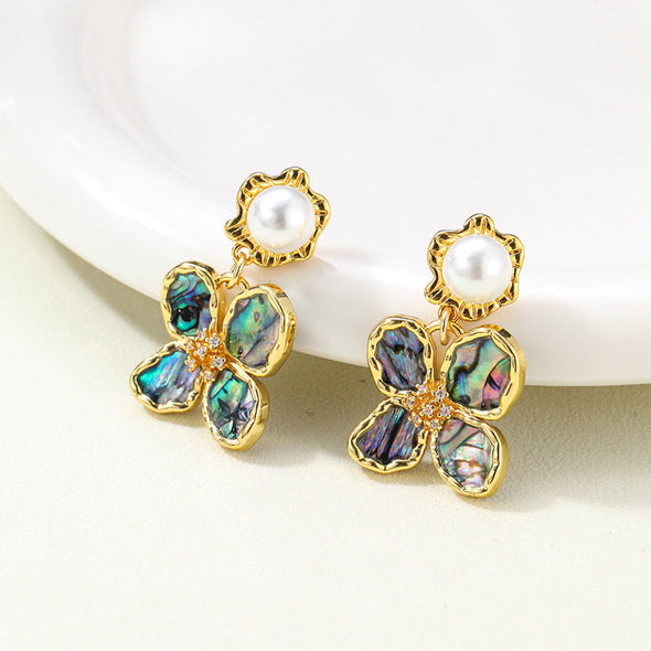 Retro Abalone Flower Pearl Tassel Earrings