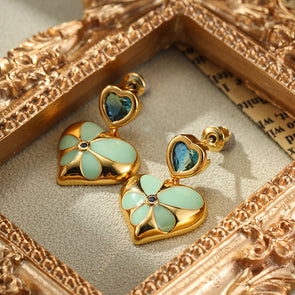 Luxury Vintage Flower Enamel Heart Earrings