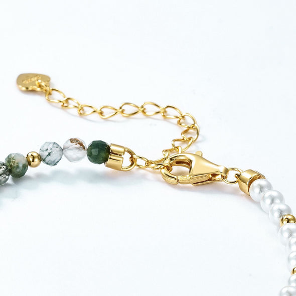 Natural Water Grass Agate with Pearls Sterling Silver Bracelet