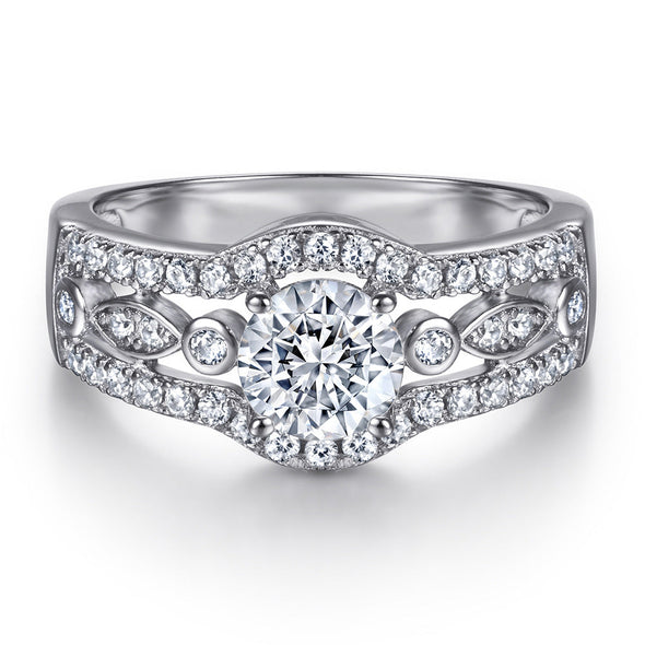 Vintage Hallow Design Round Cut Sterling Silver Engagement Ring