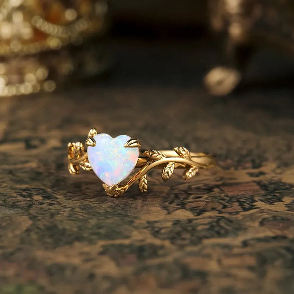 Retro Leaves Design Heart Shape Opal Engagement Ring