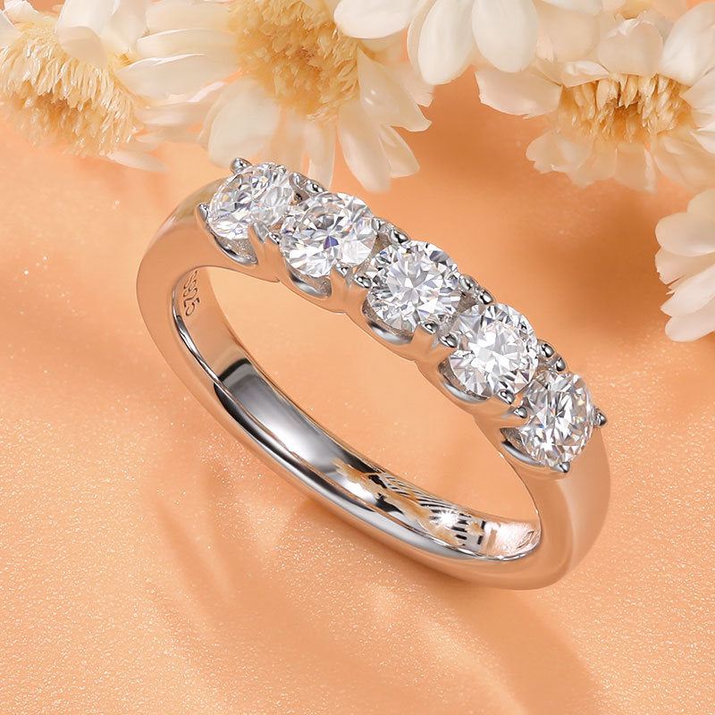 Five Stone 18K White Gold Plated Moissanite Band