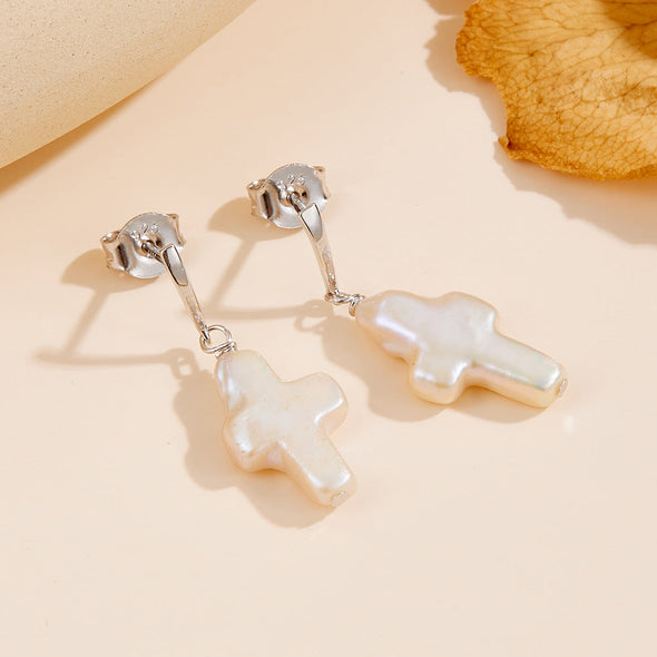 Cross Shape Pearl Drop Earrings