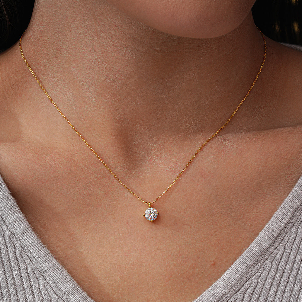 Round Cut Moissanite Four Prong Pendant Necklace in Sterling Silver