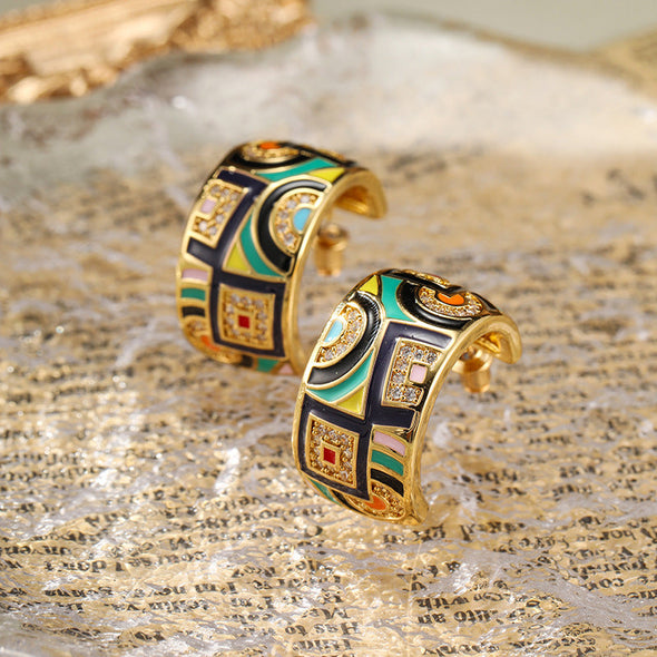Vintage Colored Enamel C-Shaped Earrings