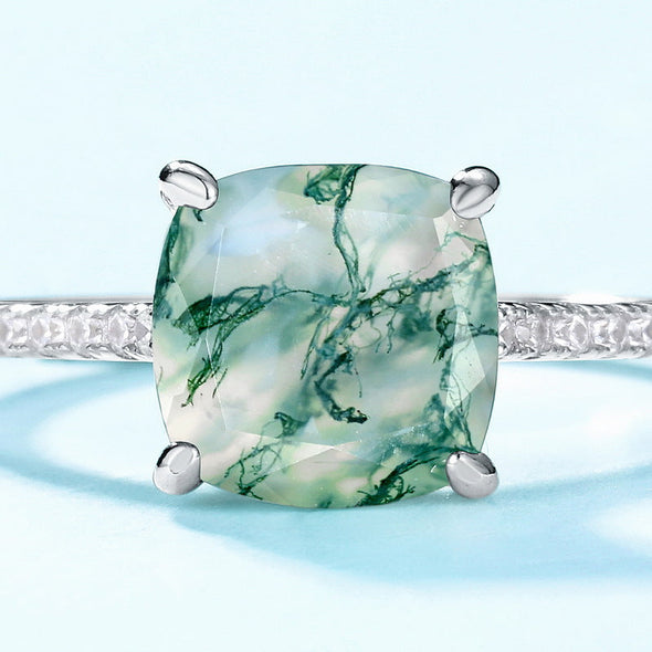 Cushion Shape Natural Green Moss Agate Engagement Ring
