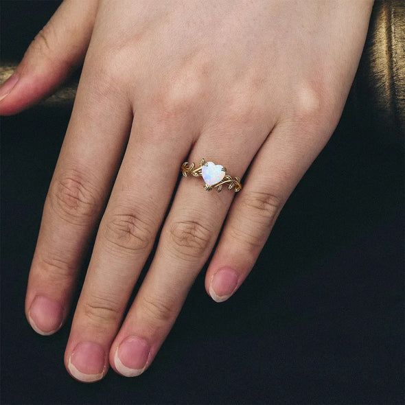Retro Leaves Design Heart Shape Opal Engagement Ring