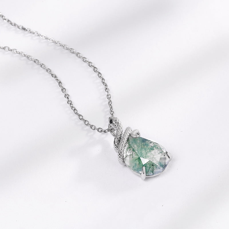 Snake Coiled Natural Green Moss Agate Pendant Necklace