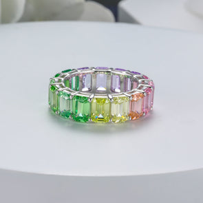 Rainbow Design Emerald Cut Eternity Wedding Band