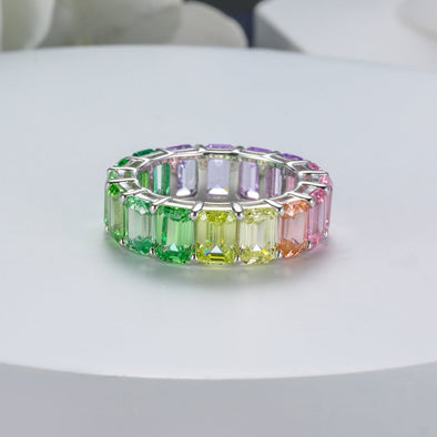 Rainbow Design Emerald Cut Eternity Wedding Band