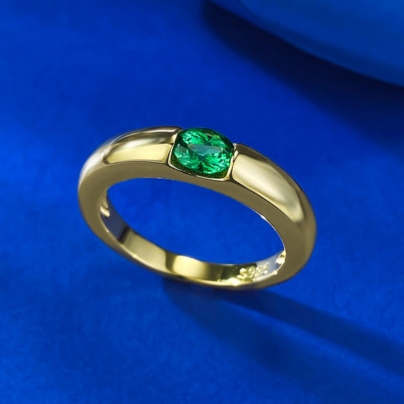 Luxurious Green Oval Cut Sterling Silver Engagement Ring in Golden Tone