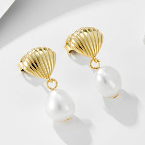 Shell Design Sterling Silver Shell Pearl Earrings