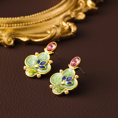 Enamel Flower Oil Painting Pearl Drop Earrings And Necklace
