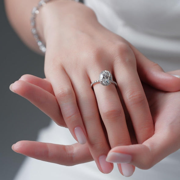 Exquisite Oval Cut Halo Sterling Silver Engagement Ring