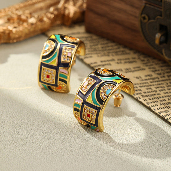 Vintage Colored Enamel C-Shaped Earrings
