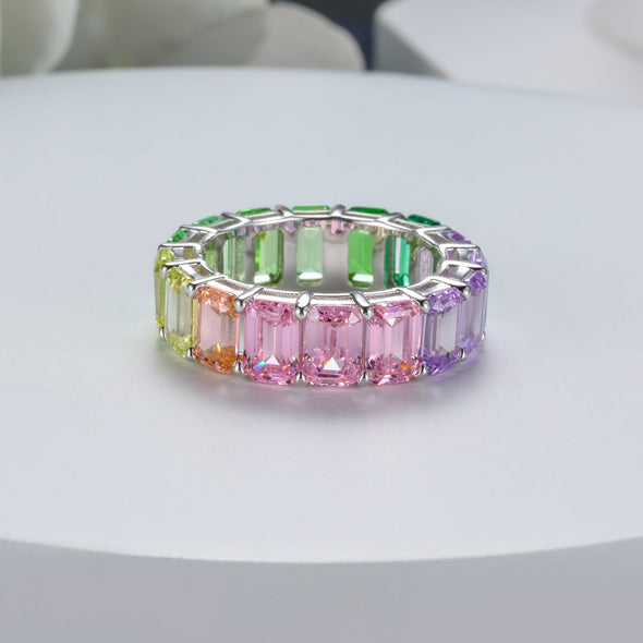 Rainbow Design Emerald Cut Eternity Wedding Band