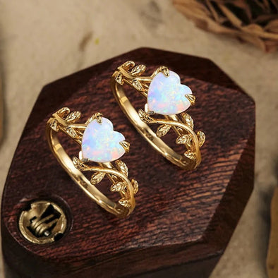 Retro Leaves Design Heart Shape Opal Engagement Ring