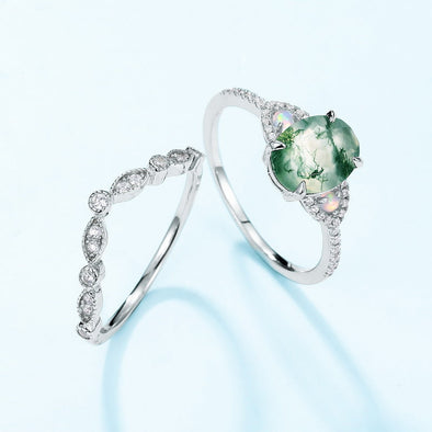 2 Pcs Natural Green Moss Agate Ring Set For Women
