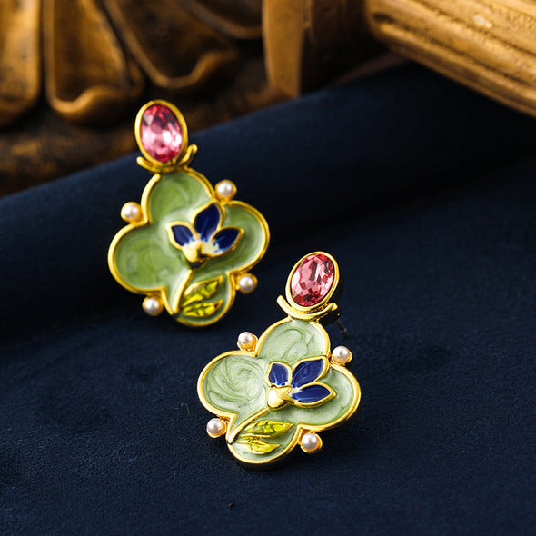 Enamel Flower Oil Painting Pearl Drop Earrings And Necklace