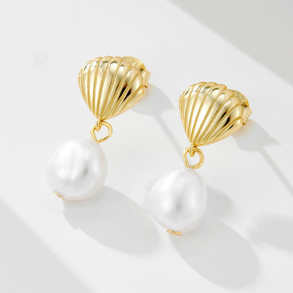 Shell Design Sterling Silver Shell Pearl Earrings