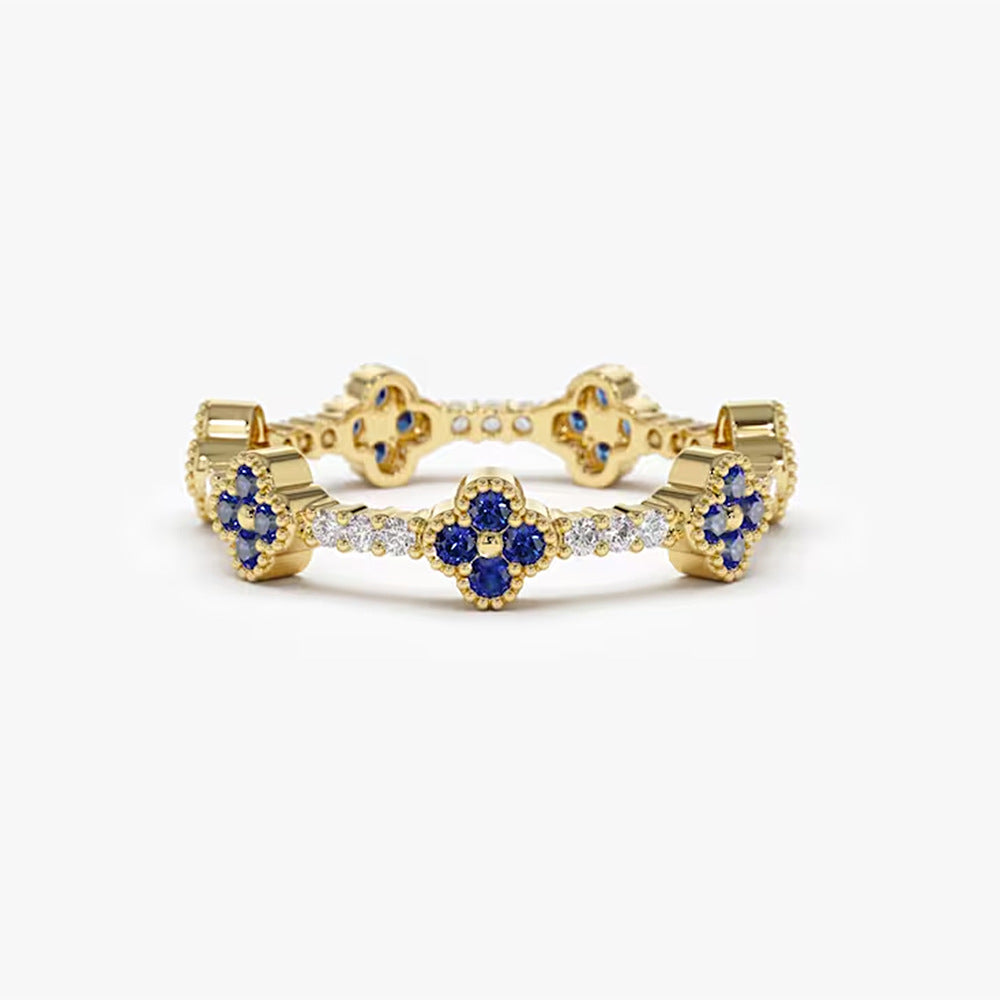 Floral Blue Gemstone Band Ring in 925 Sterling Silver