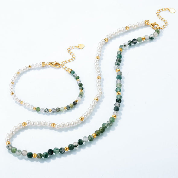 Natural Water Grass Agate with Pearls Sterling Silver Bracelet