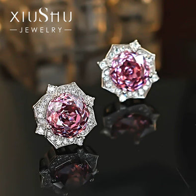 Pink Flower Design Sterling Silver Stud Earrings