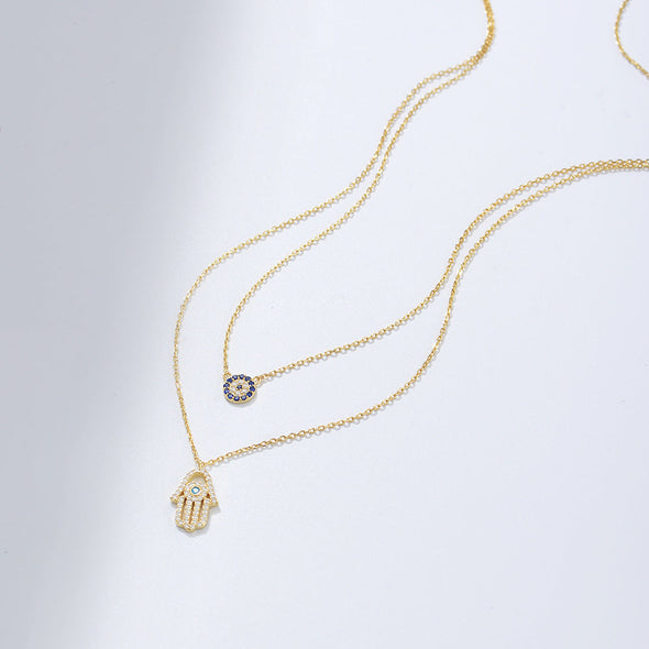 Devil Eye Hamsa Palm Double Layed Necklace