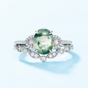 2 Pcs Natural Green Moss Agate Ring Set For Women