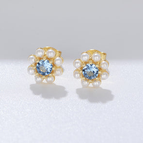 Blue Flower Design Pearls Stud Earrings