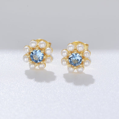 Blue Flower Design Pearls Stud Earrings