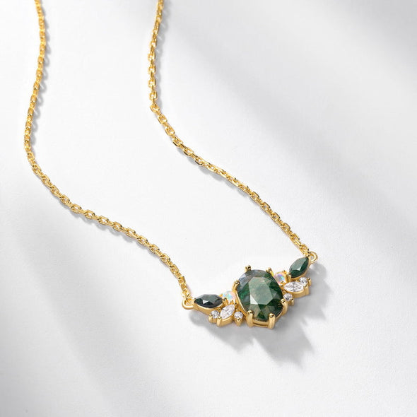 Luxury Natural Green Moss Agate Silver Neckalce