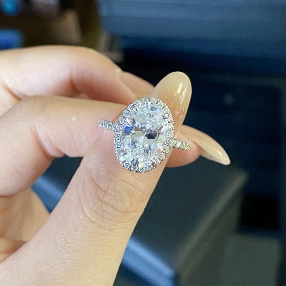 Exquisite Oval Cut Halo Sterling Silver Engagement Ring