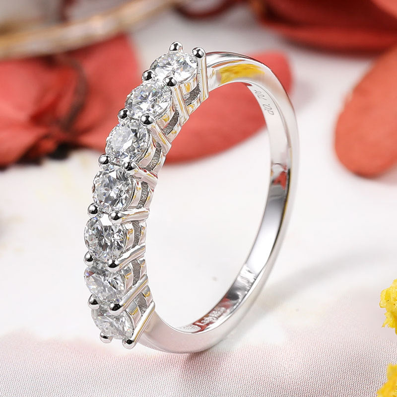 7 Stone D Color Moissanite 18k White Gold Plated Ring