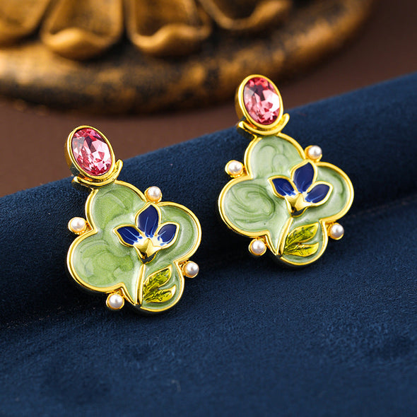 Enamel Flower Oil Painting Pearl Drop Earrings And Necklace