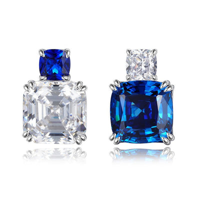 Asscher Cut and Cushion Cut Sapphire Blue Dangle Earrings in Sterling Silver