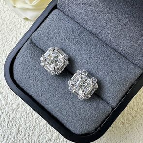 Asscher Cut Moissanite Silver Stud Earrings