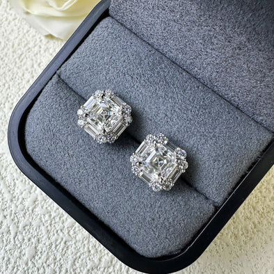 Asscher Cut Moissanite Silver Stud Earrings