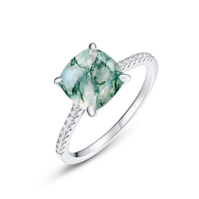 Cushion Shape Natural Green Moss Agate Engagement Ring
