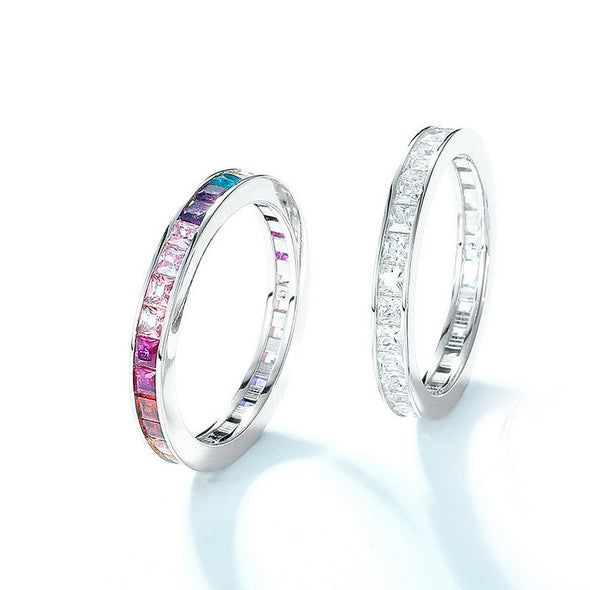 Colorful Rainbow Princess Cut Ring Wedding Band