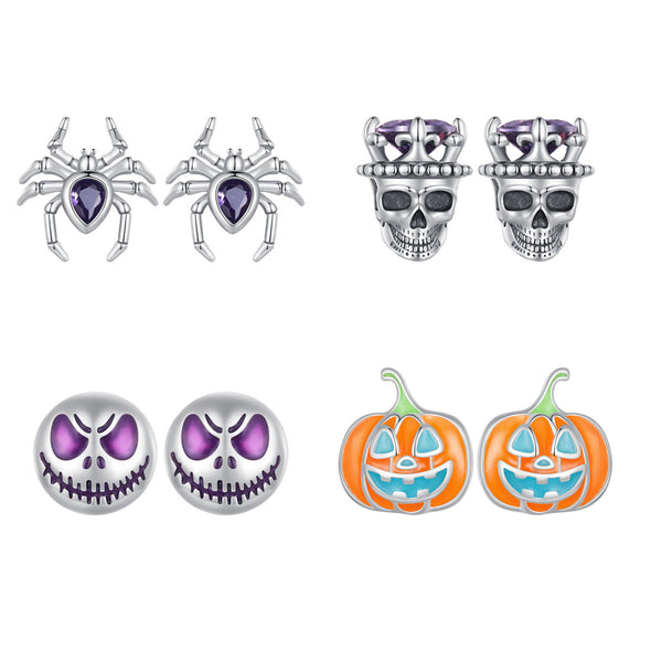 Halloween Spider Skull Pumpkin Sterling Silver Stud Earrings Glow in The Dark